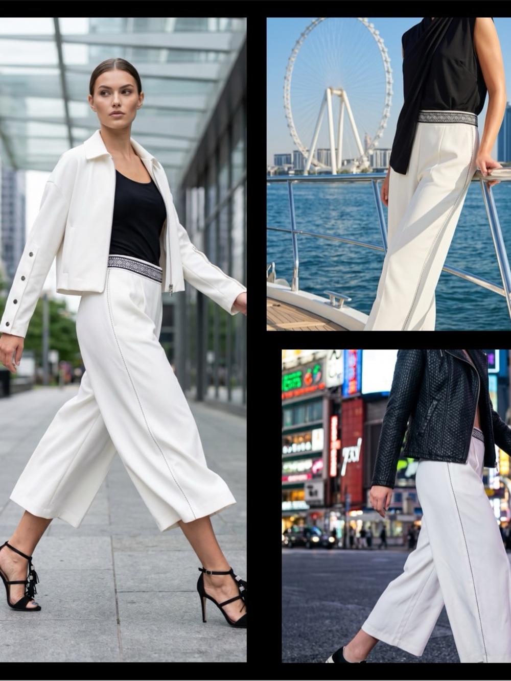 DKNY Cream Wide-Leg Cropped Trousers with Contrast Waistband